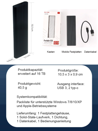 16 TB Profi-SSD – 905 MB/s Highspeed, USB 3.2 Gen2 und kompatibel mit Smartphone und PC 🛡️💾 