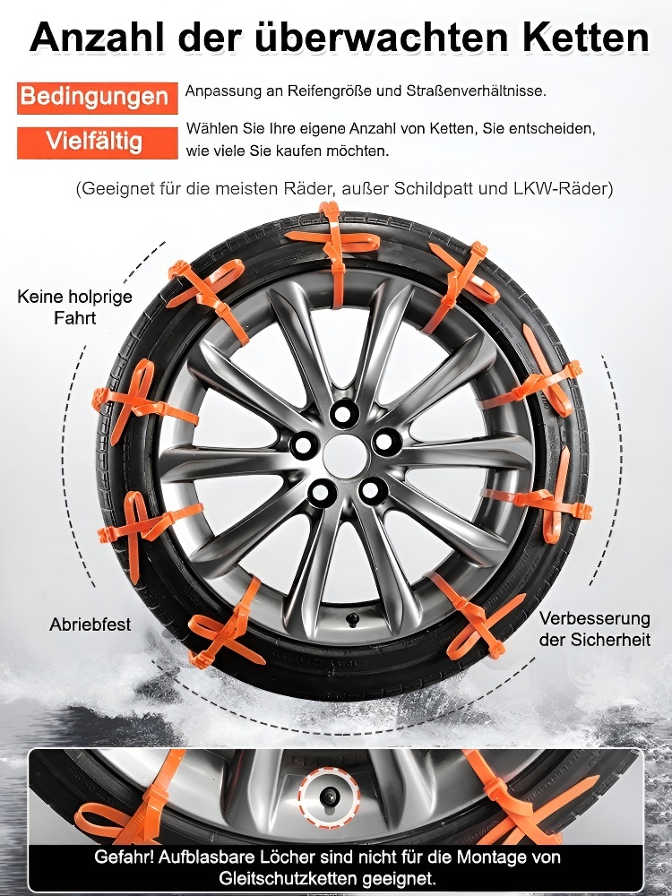 【Ab 1,20 € pro Stück】 Nie tragende Schneeketten für Autos und Motorräder, die Lösung für winterliche Reifentraktion!