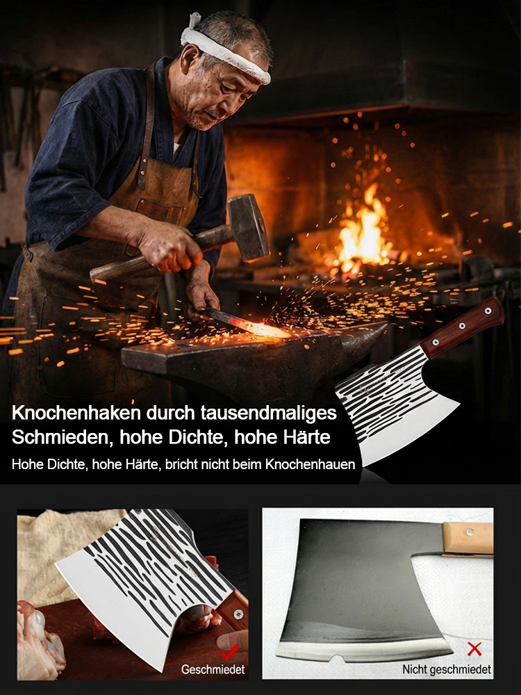 Handgeschmiedetes Knochenhackmesser mit Hammerschlag – Ein Schnitt, ein Bruch