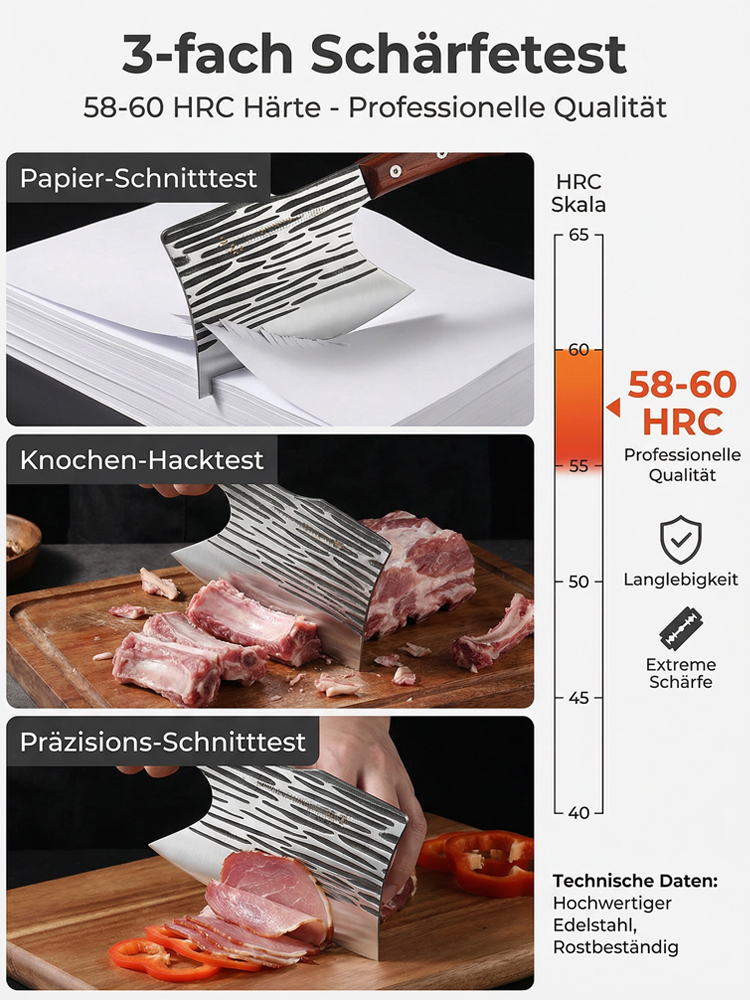 Handgeschmiedetes Knochenhackmesser mit Hammerschlag – Ein Schnitt, ein Bruch