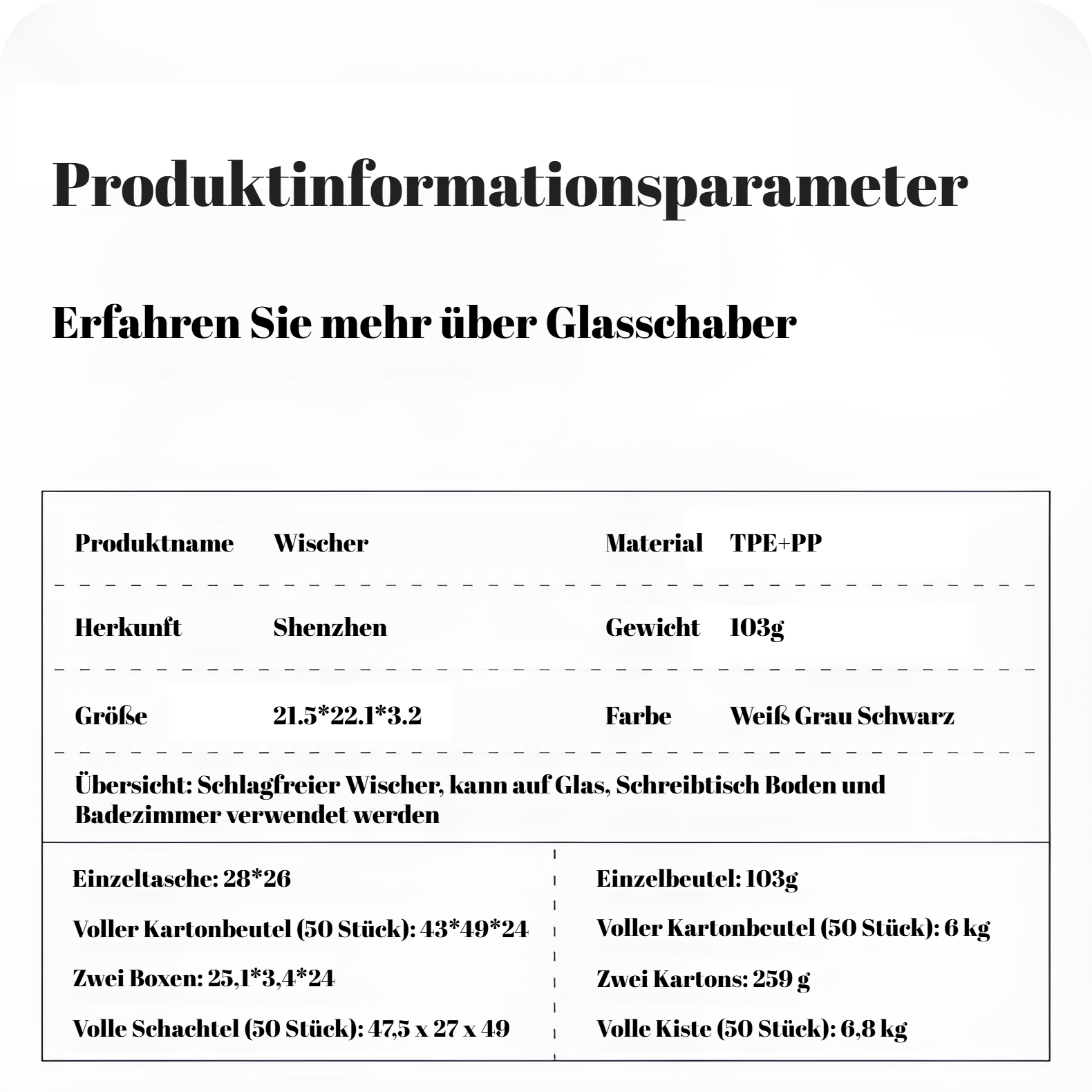 Einseitiger Silikon-Glaswischer Boden Küche Bad WC-Reiniger Autofensterwischer