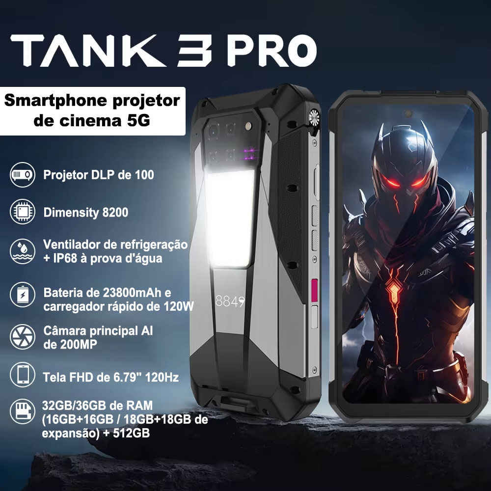 Tank 3 Pro 5G Smartphone robusto com projetor de 100 lumens, ajuste de brilho, tela de 8200Hz, câmera de 64MP com visão noturna e câmera principal de 200MP.