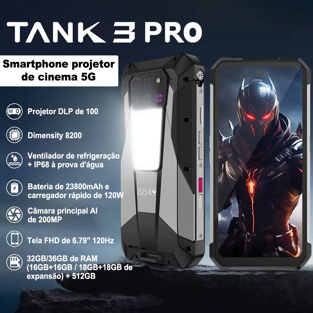 Tank 3 Pro 5G Smartphone robusto com projetor de 100 lumens, ajuste de brilho, tela de 8200Hz, câmera de 64MP com visão noturna e câmera principal de 200MP.