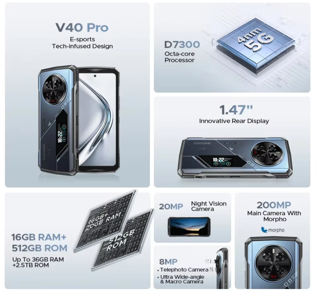 Estreia mundial Doogee V40 Pro 5G telefone robusto 6.78 "16gb + 512gb telefones de jogos
