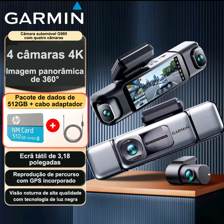 Câmara automóvel Garmin G980 com inteligência artificial e controlo por voz, equipada com quatro câmaras, ecrã panorâmico de 360°, visão noturna 4K Ultra HD e rastreamento por GPS
