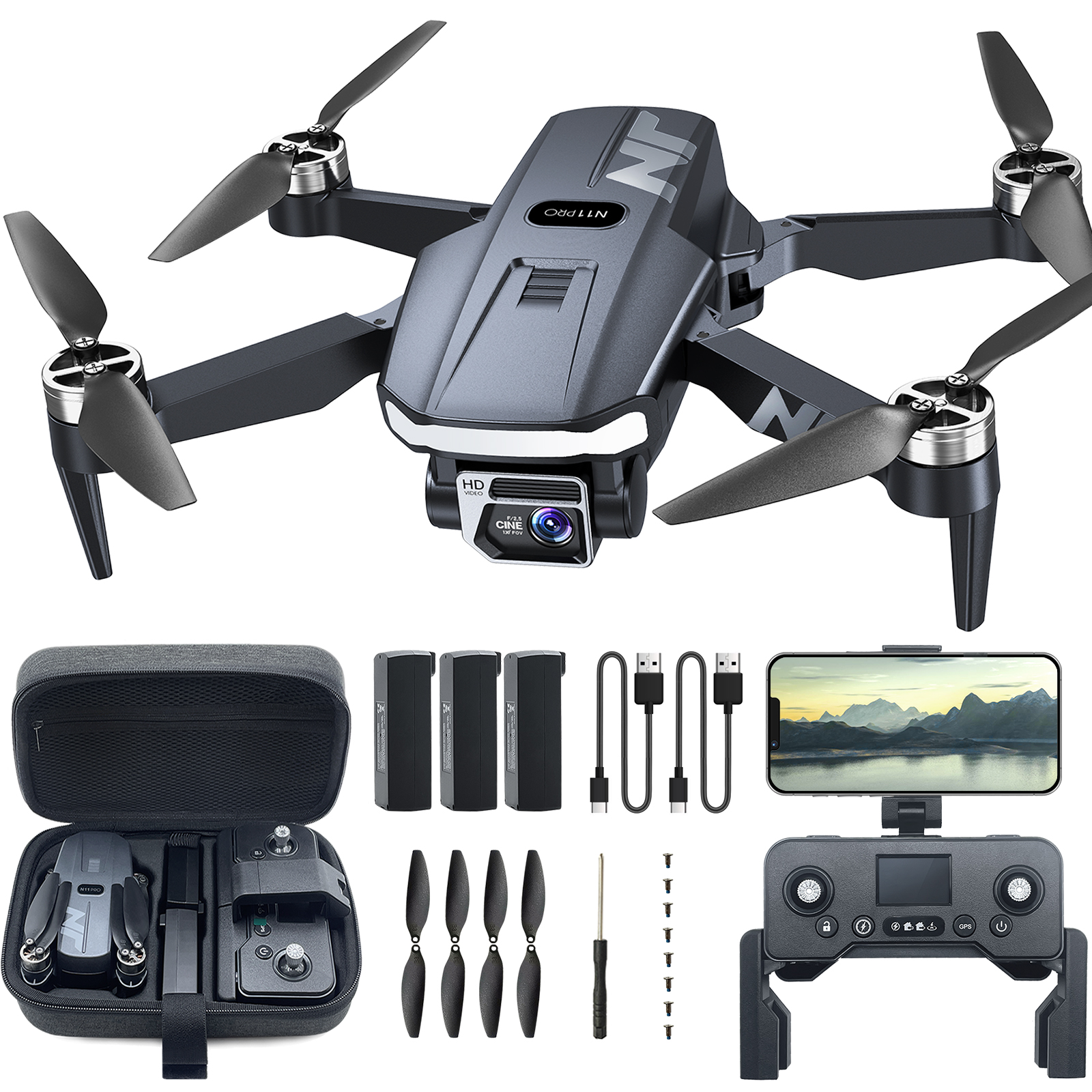 N11 PRO GPS Drone with Camera for Adults 4K UHD, 90 Min Long Flight Time, Long Control Range, Auto Return, Follow Me, Brushless Motor, 5G FPV RC Quadcopter for Beginners