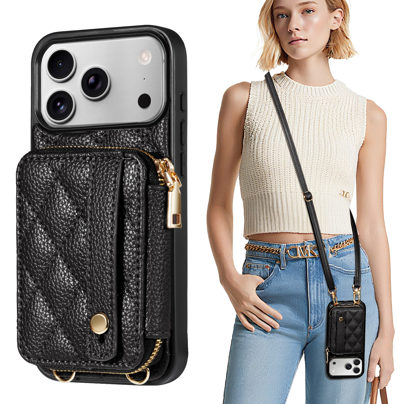 TiMOVO Wallet Case for iPhone 17 Pro Max with Credit Card Holder, Zipper Leather Crossbody Case with Auti- Theft Wrist Strap, Black