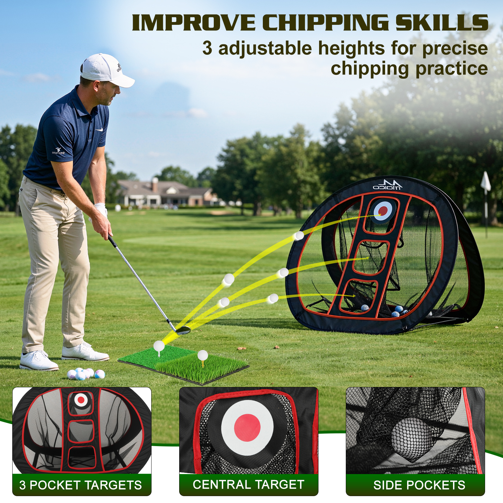 MoKo Golf Chipping Net Set with Mat & 5 Practice Balls, All-in-One Golf Training Kit for Backyard & Indoor Use, Great Gift for Golfers and Beginners