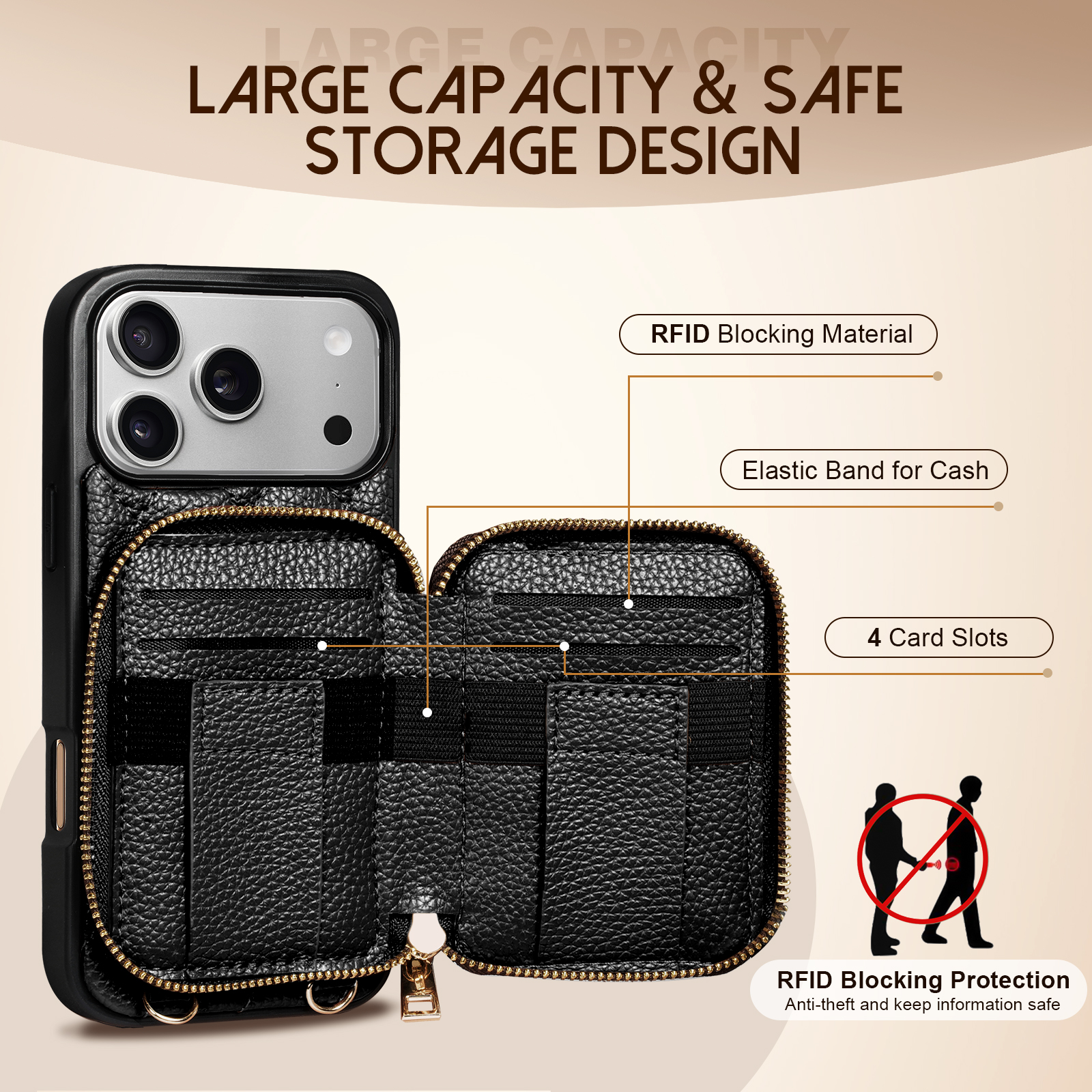 TiMOVO Wallet Case for iPhone 17 Pro Max with Credit Card Holder, Zipper Leather Crossbody Case with Auti- Theft Wrist Strap, Black