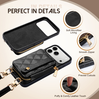 TiMOVO Wallet Case for iPhone 17 Pro Max with Credit Card Holder, Zipper Leather Crossbody Case with Auti- Theft Wrist Strap, Black