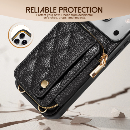 TiMOVO Wallet Case for iPhone 17 Pro Max with Credit Card Holder, Zipper Leather Crossbody Case with Auti- Theft Wrist Strap, Black