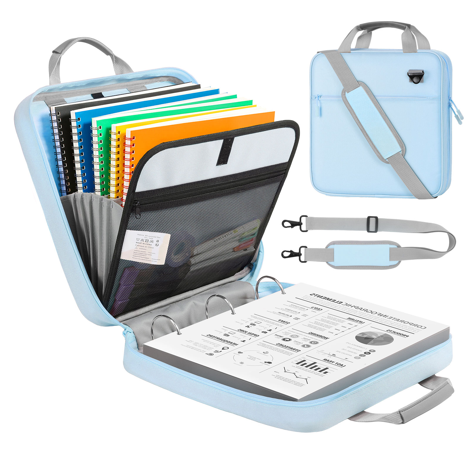 MoKo Zipper Binder, 2 inch 3 Ring 500 Sheet Capacity Multi-Pocket School Binder, Blue