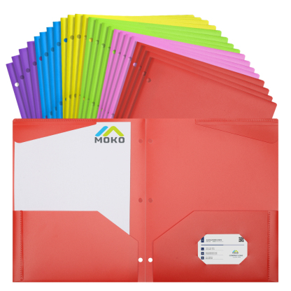 MoKo 24pcs Durable Pocket Folders, 3 Hole Punch Presentation Letter Size Plastic Folders, Multicolo