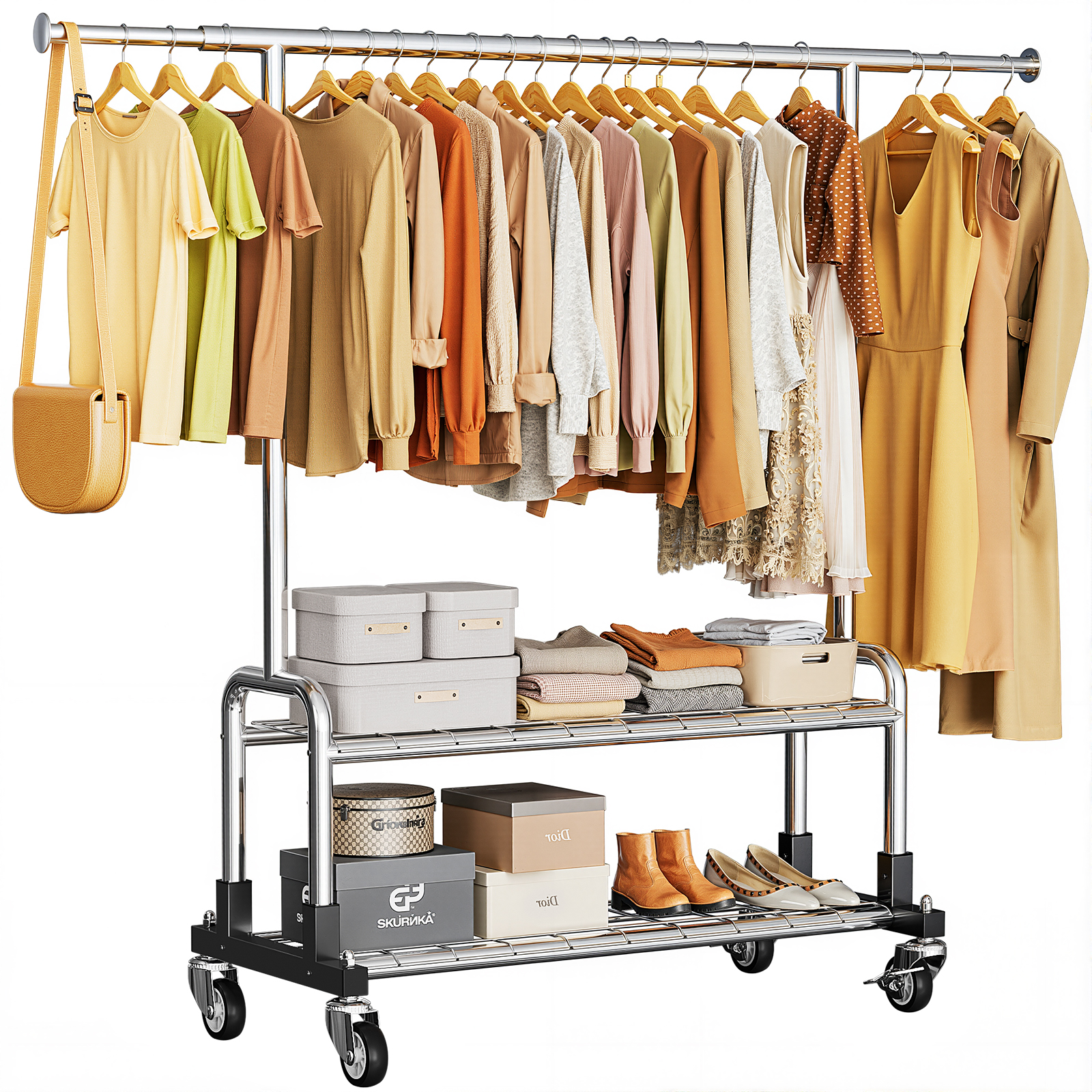 Luxspire Heavy Duty Garment Rack Load 600 LBS, Clothes Rack with Sturdy Wheels & 2 Tier Shelves, Rolling Clothes Racks for Hanging Clothes, Adjustable Clothing Rack for Laundry Room, Bedroom