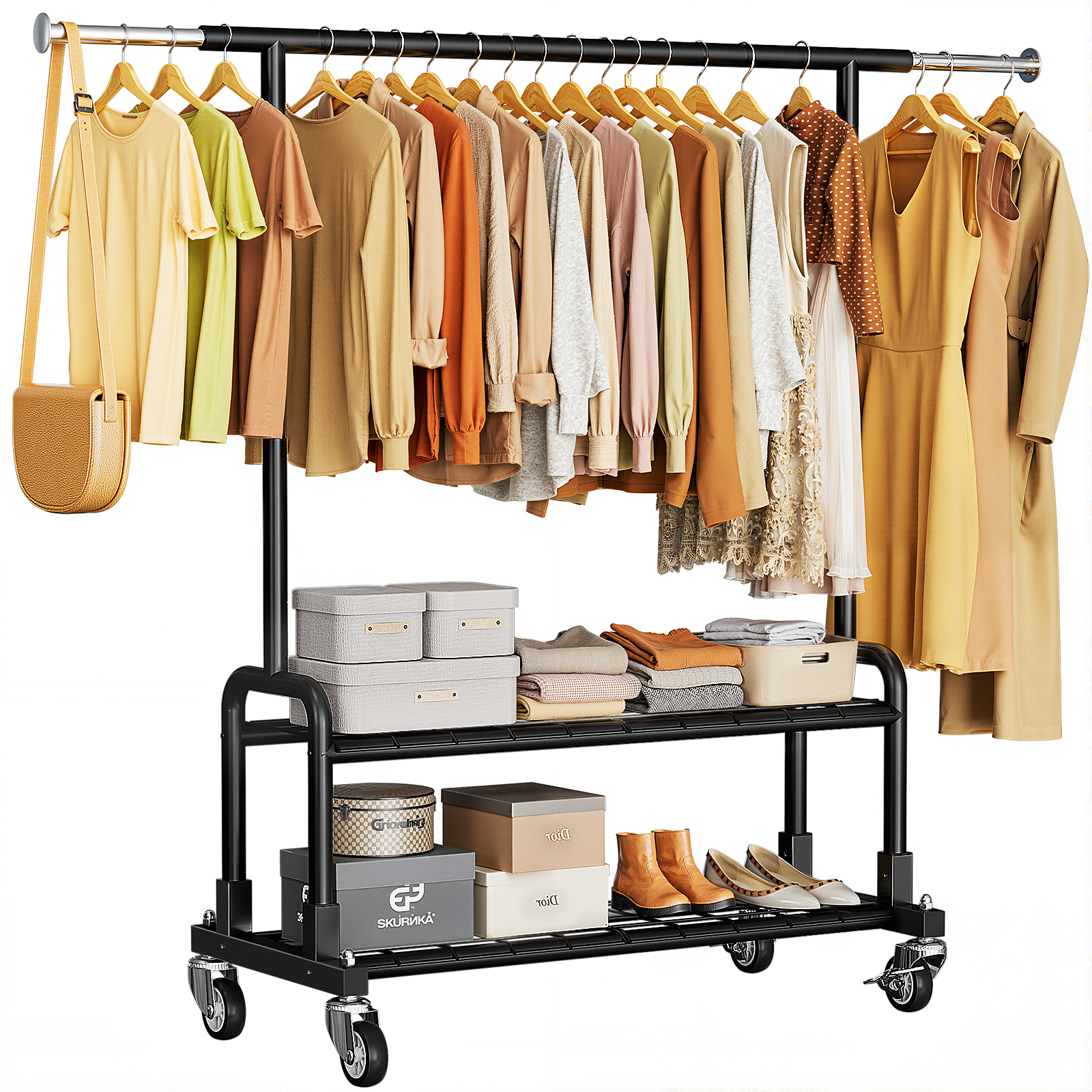 Luxspire Heavy Duty Garment Rack Load 600 LBS, Clothes Rack with Sturdy Wheels & 2 Tier Shelves, Rolling Clothes Racks for Hanging Clothes, Adjustable Clothing Rack for Laundry Room, Bedroom