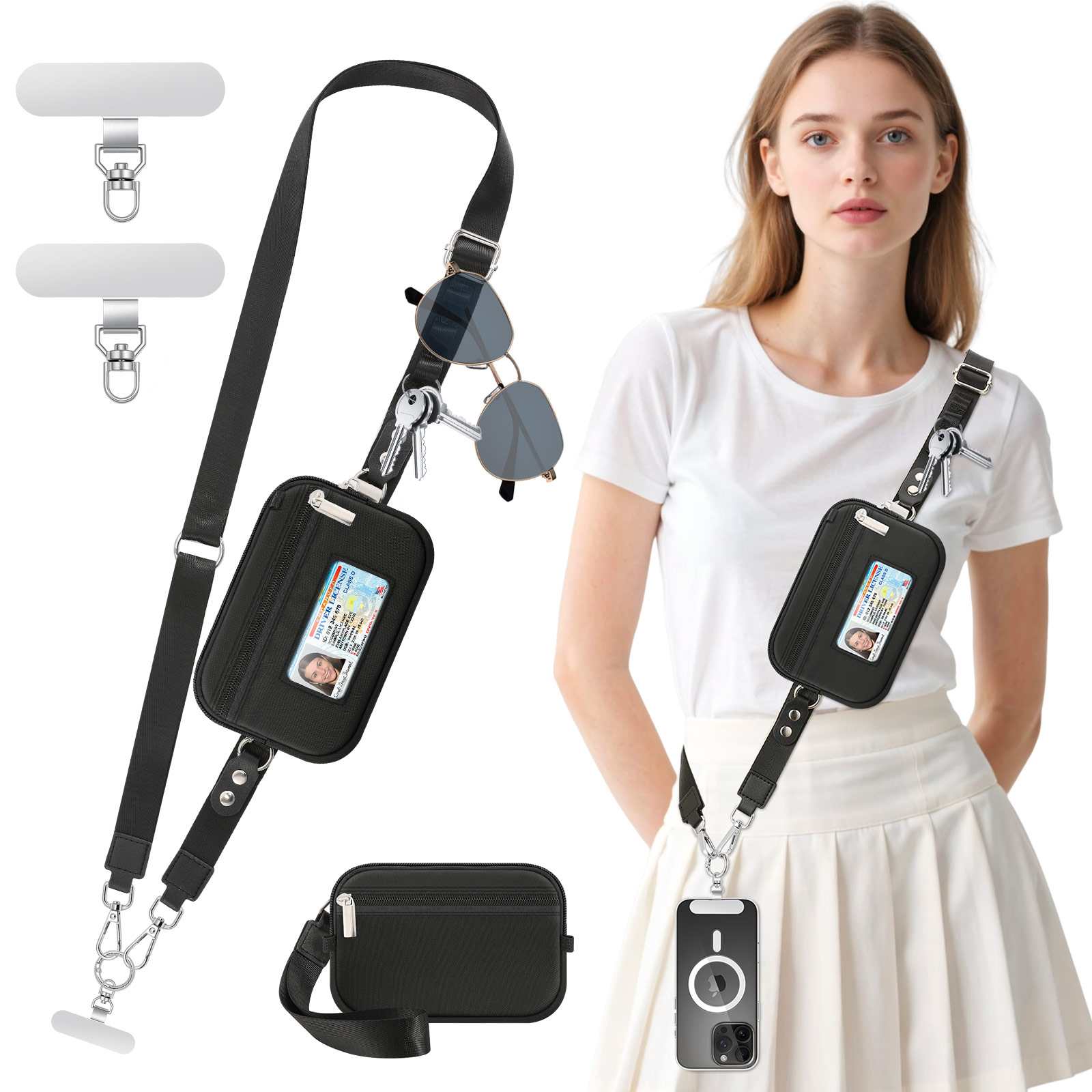 MoKo Phone Crossbody Lanyard with RFID Wallet, Clip and Go Strap Crossbody Lanyard & Detachable Wallet with ID Window, Adjustable iPhone Strap with 360° Rotatable Phone Tabs, Black