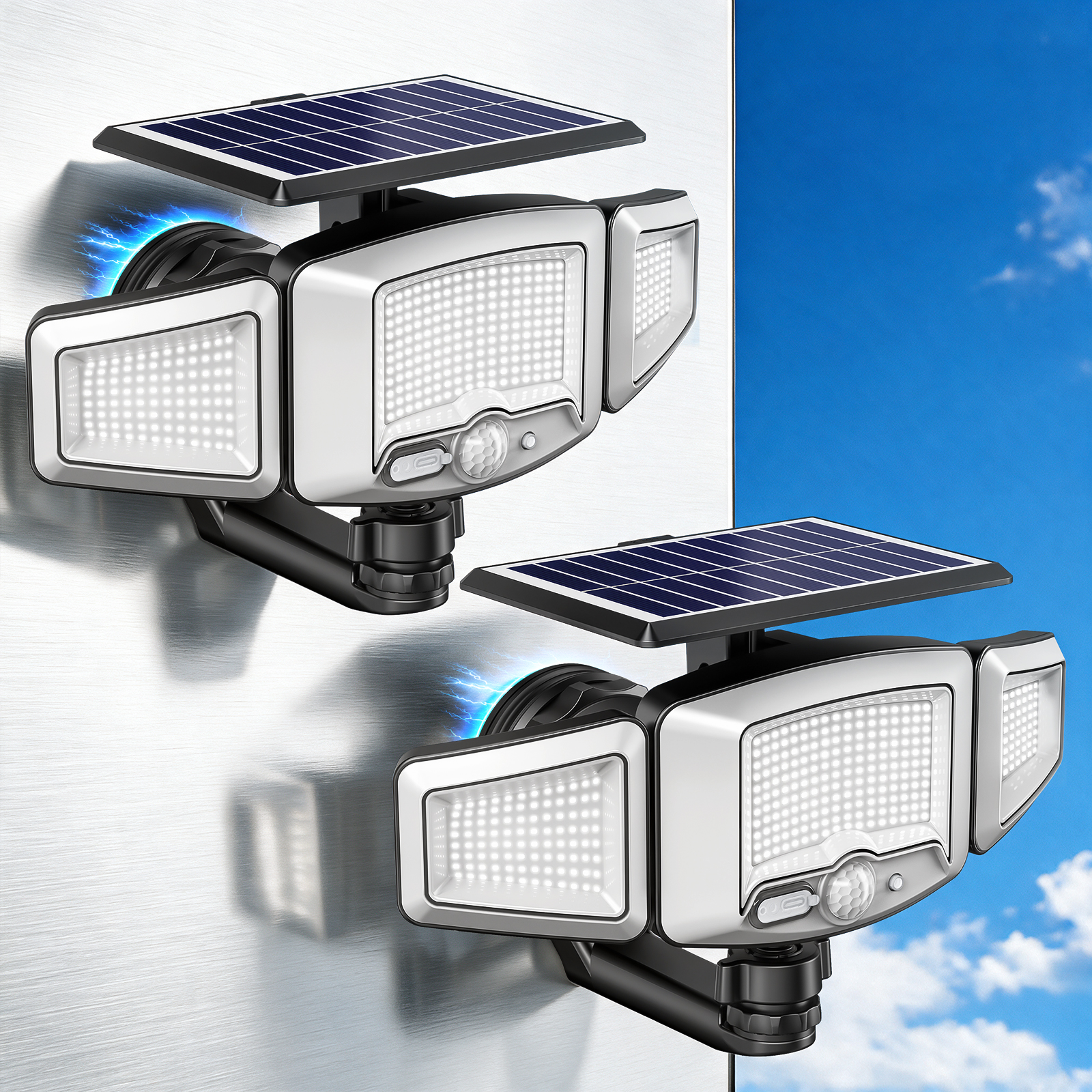 Outdoor Solar Lights Magnetic Solar Lights, 231 LED Motion Sensor Wall Light, 3-Head Adjustable Solar Lights, 3 Modes Solar USB Charge, IP65 Waterproof for Yard Patio (2 Pack)