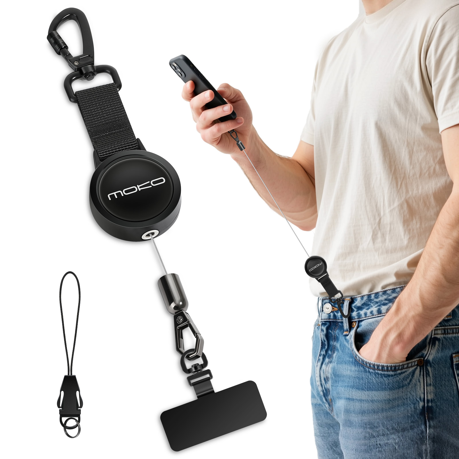 MoKo Anti-theft Phone Lanyard, Universal Adhesive Anchor Retractable Steel Line Cellphone Strap with Locking Carabiner and Metal 360° Tether Tab Compatible for iPhone Samsung Galaxy, Blac