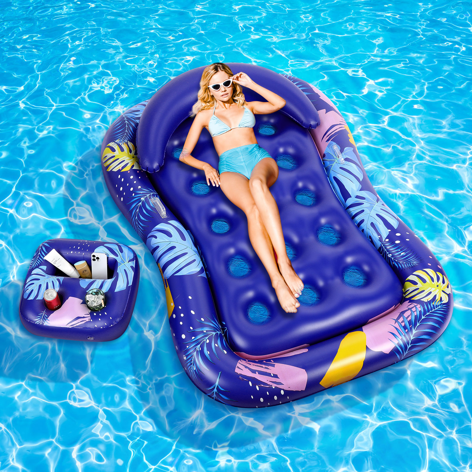 MoKo Pool Floats Loungers for Adults with Removable Cup Holders and Head Rest for Pool Lake Travel Beach, Blue
