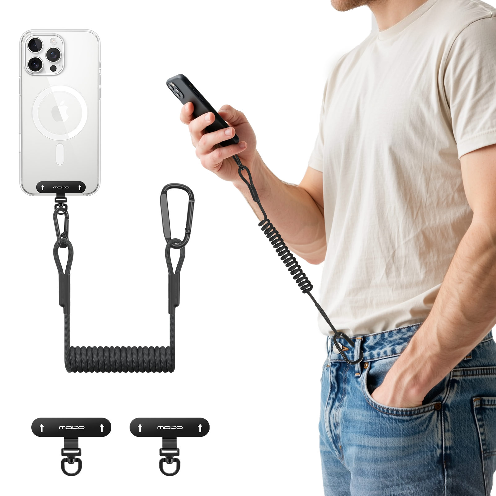 MoKo Retractable Phone Lanyard Strap, Anti-Theft Phone Tether Leash Harness with Carabiner Clip for Outdoor Hiking Skiing Fishing Kayaking, Fits iPhone and Most Smartphones, Black