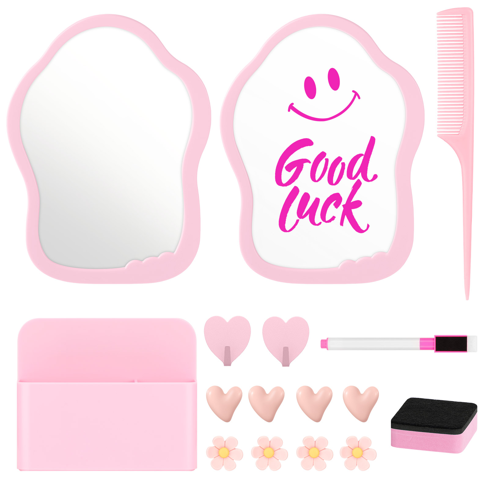 MoKo Locker Accessories Kit, 16Pcs Cute Locker Decor Accessories Set Includes Magnetic Locker Mirror, Whiteboard, Hooks, Magnets, Pen, Comb and Eraser, Office, Pink