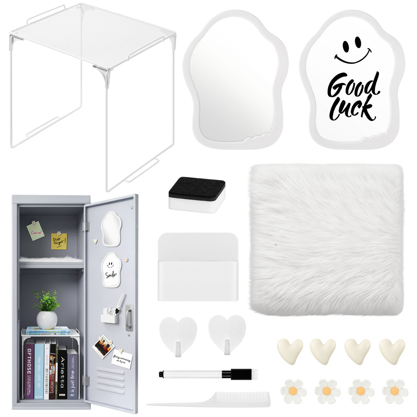 MoKo Locker Accessories Kit, 17Pcs Cute Locker Organizer Accessories Set Includes Magnetic Locker Mirror, Whiteboard, Hooks, Magnets, Pen, Comb and Eraser, Supplies, Office, White