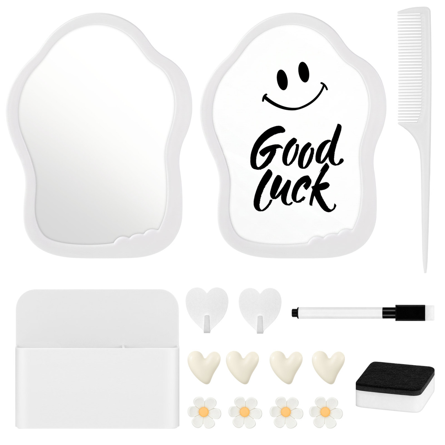MoKo Locker Accessories Kit, 16Pcs Cute Locker Decor Accessories Set Includes Magnetic Locker Mirror, Whiteboard, Hooks, Magnets, Pen, Comb and Eraser, Supplies, Office, White
