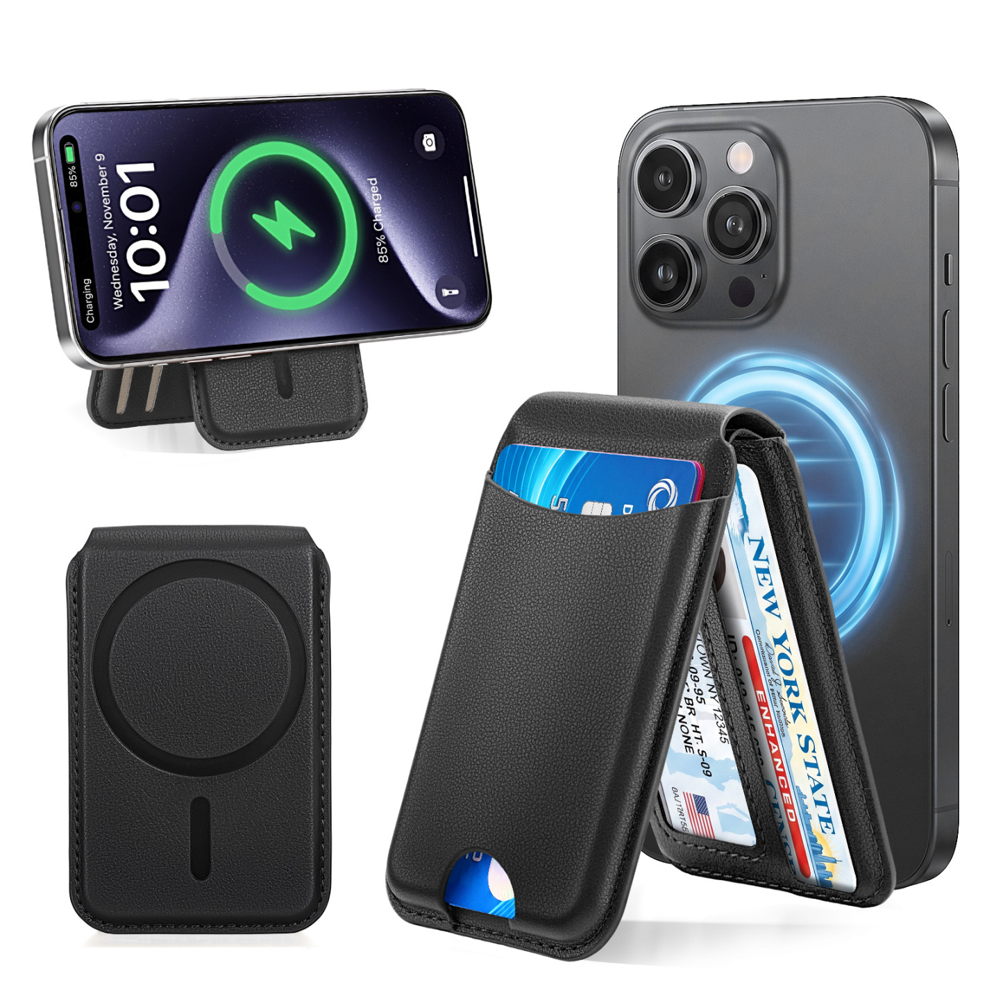 Moko for Magsafe Wallet, 7 Cards Holder Adjustable Stand RFID Blocking Magnetic Phone Wallets, Slim Leather Magnetic Wallet for iPhone 17e/17/16/15/14/13/12 Series, Black