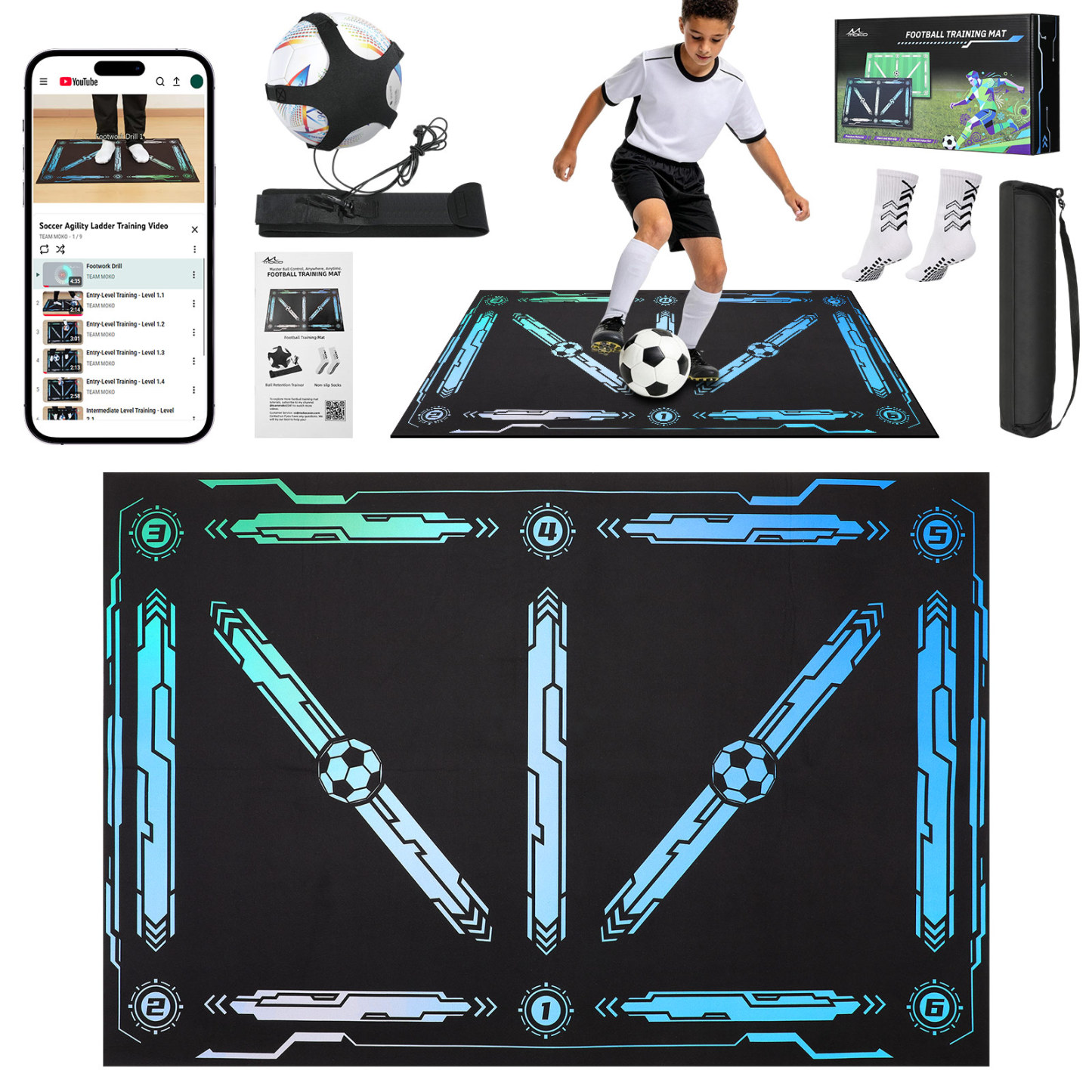 MoKo 35"x24" Soccer Training Mat with Video, Soccer Training Equipment for Kids Improve Agility & Coordination, Non-Slip Socks & Storage Bag, Portable Soccer Trainer Kit Gift for Players, Black