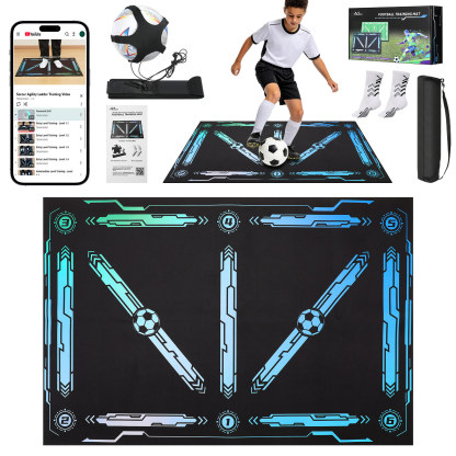 MoKo 35"x24" Soccer Training Mat with Video, Soccer Training Equipment for Kids Improve Agility & Coordination, Non-Slip Socks & Storage Bag, Portable Soccer Trainer Kit Gift for Players, Black