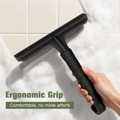 Roylvan Shower Squeegee for Glass Doors, All-in-One Silicone Squeegee with Built-in Hook for Bathroom, Window, Mirror, Tile Wall,Car, Streak-Free Cleaner Tool,7.87-Inch Black
