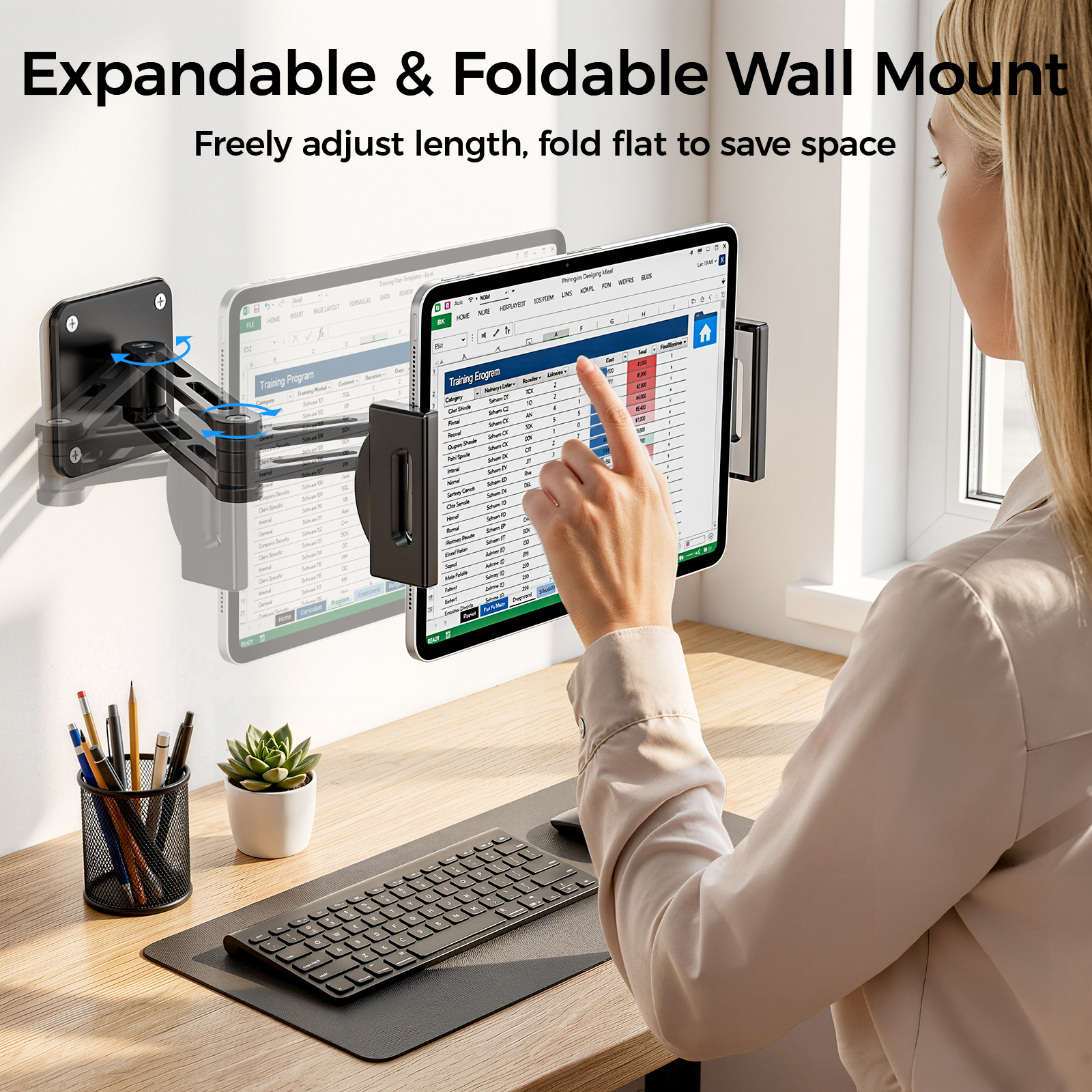 MoKo Tablet Wall Mount Holder for 4.7-14" Phones and Tablets, Extendable Foldable Ipad Holder, 360° Adjustable Wall Mount for Kitchen, Gym, Office, Classroom, Black