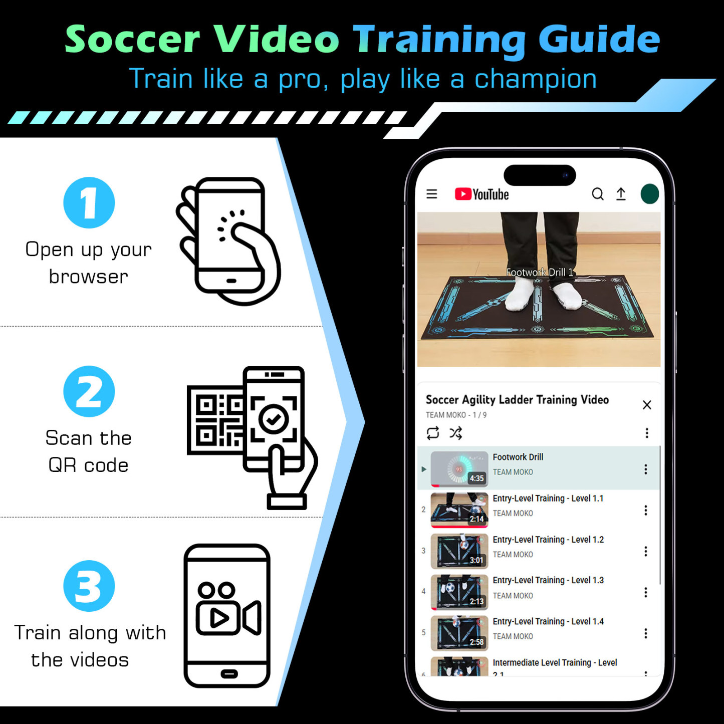 MoKo 35"x24" Soccer Training Mat with Video, Soccer Training Equipment for Kids Improve Agility & Coordination, Non-Slip Socks & Storage Bag, Portable Soccer Trainer Kit Gift for Players, Black