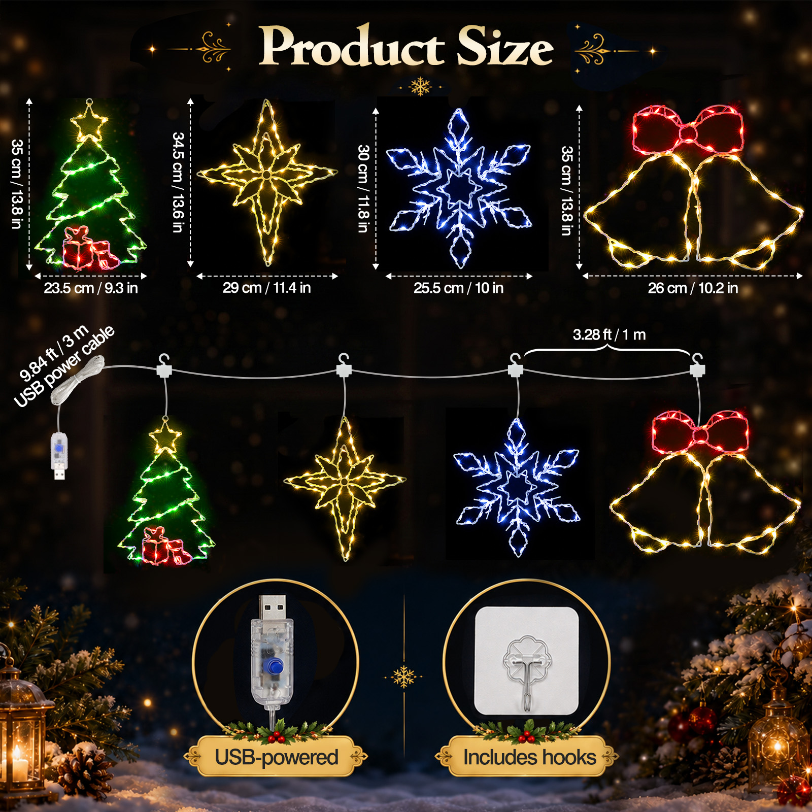  Luxspire 4 Pack Christmas Window Lights, 66/80/58/58 LEDs, USB Powered with Remote & 8 Modes, Indoor Hanging Decor for Holiday Home