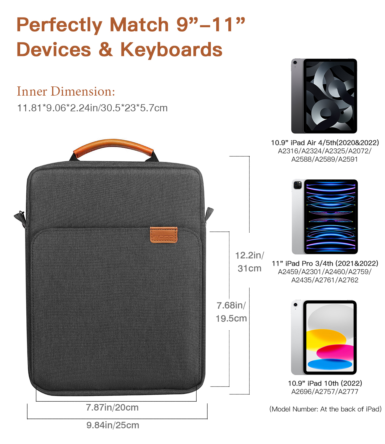 MoKo 9-11 Inch Tablet Sleeve Bag Carrying Case for iPad Pro 11 inch,iPad 10th 10.9,iPad 9/8/7th Generation 10.2,iPad Air 5/4th 10.9,iPad 9.7,Tab S8/S9 11", Black Gray