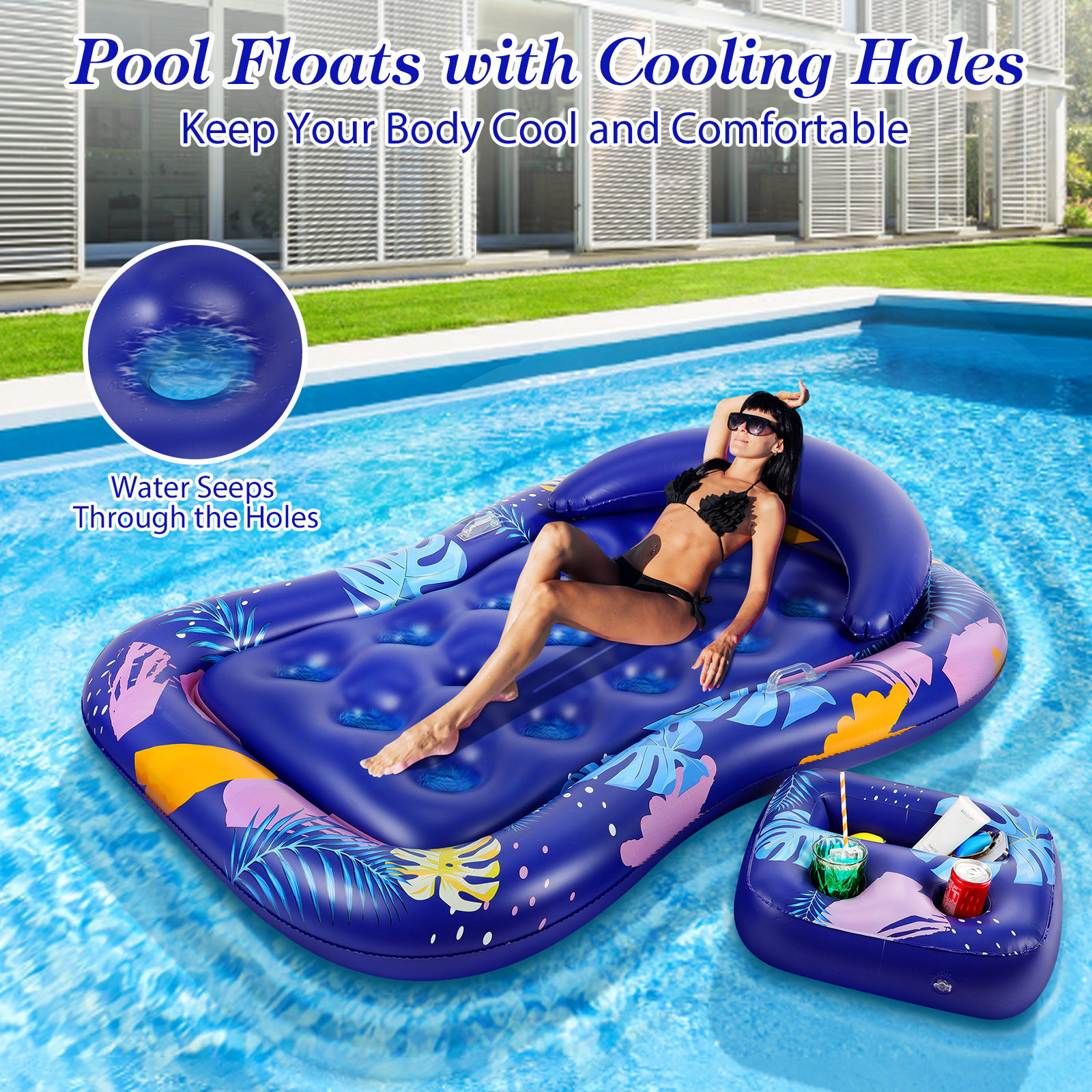 MoKo Pool Floats Loungers for Adults with Removable Cup Holders and Head Rest for Pool Lake Travel Beach, Blue