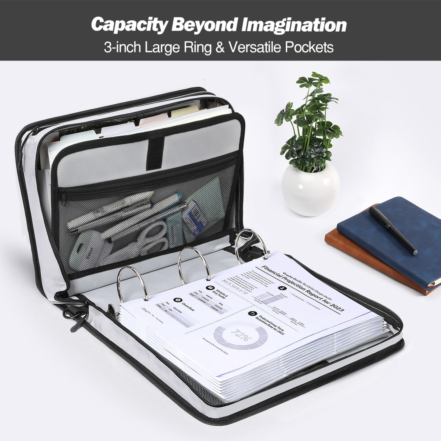  MoKo Zipper Binder, 3 in 3 Ring 600 Sheet Capacity Binder Organizer, Black