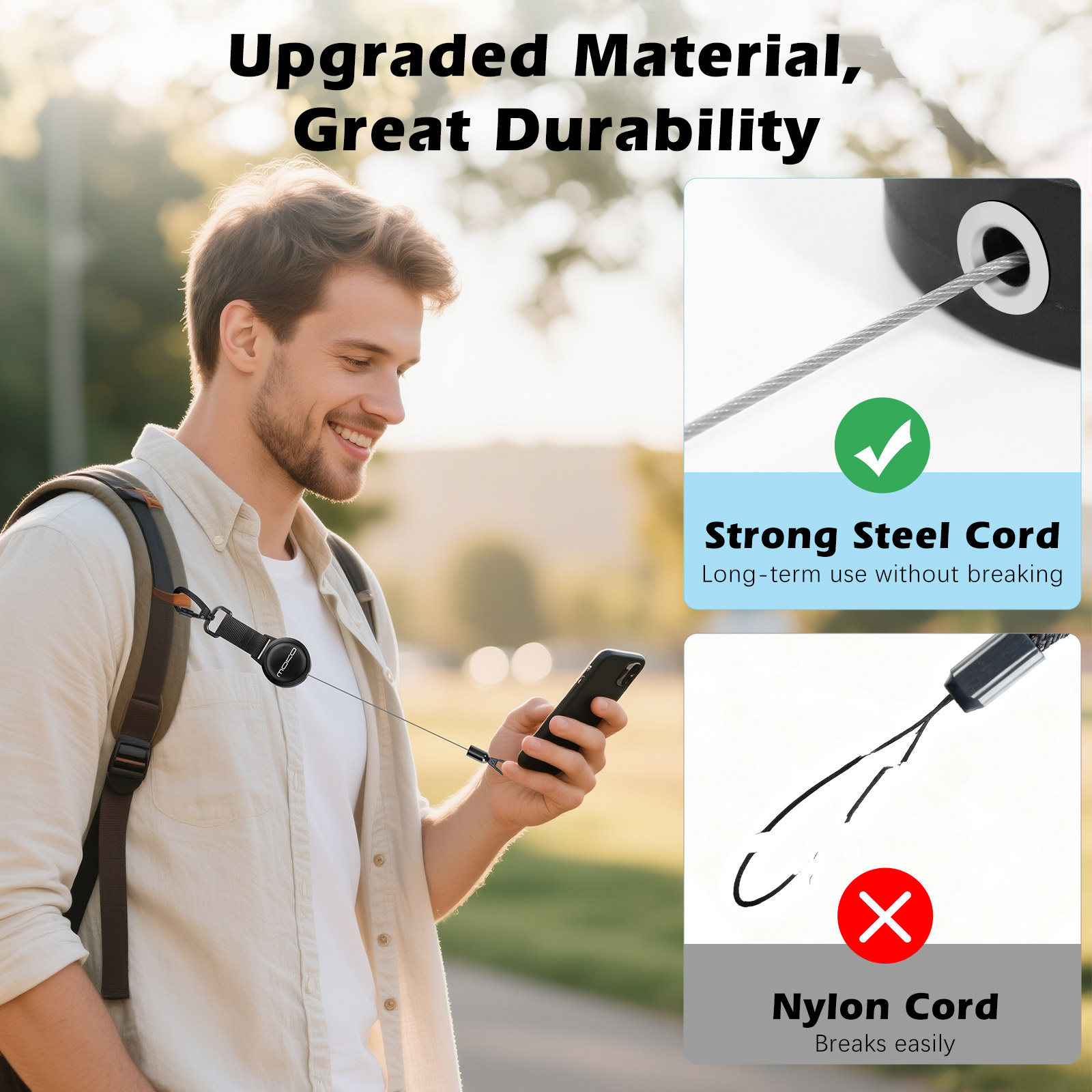 MoKo Anti-theft Phone Lanyard, Universal Adhesive Anchor Retractable Steel Line Cellphone Strap with Locking Carabiner and Metal 360° Tether Tab Compatible for iPhone Samsung Galaxy, Blac
