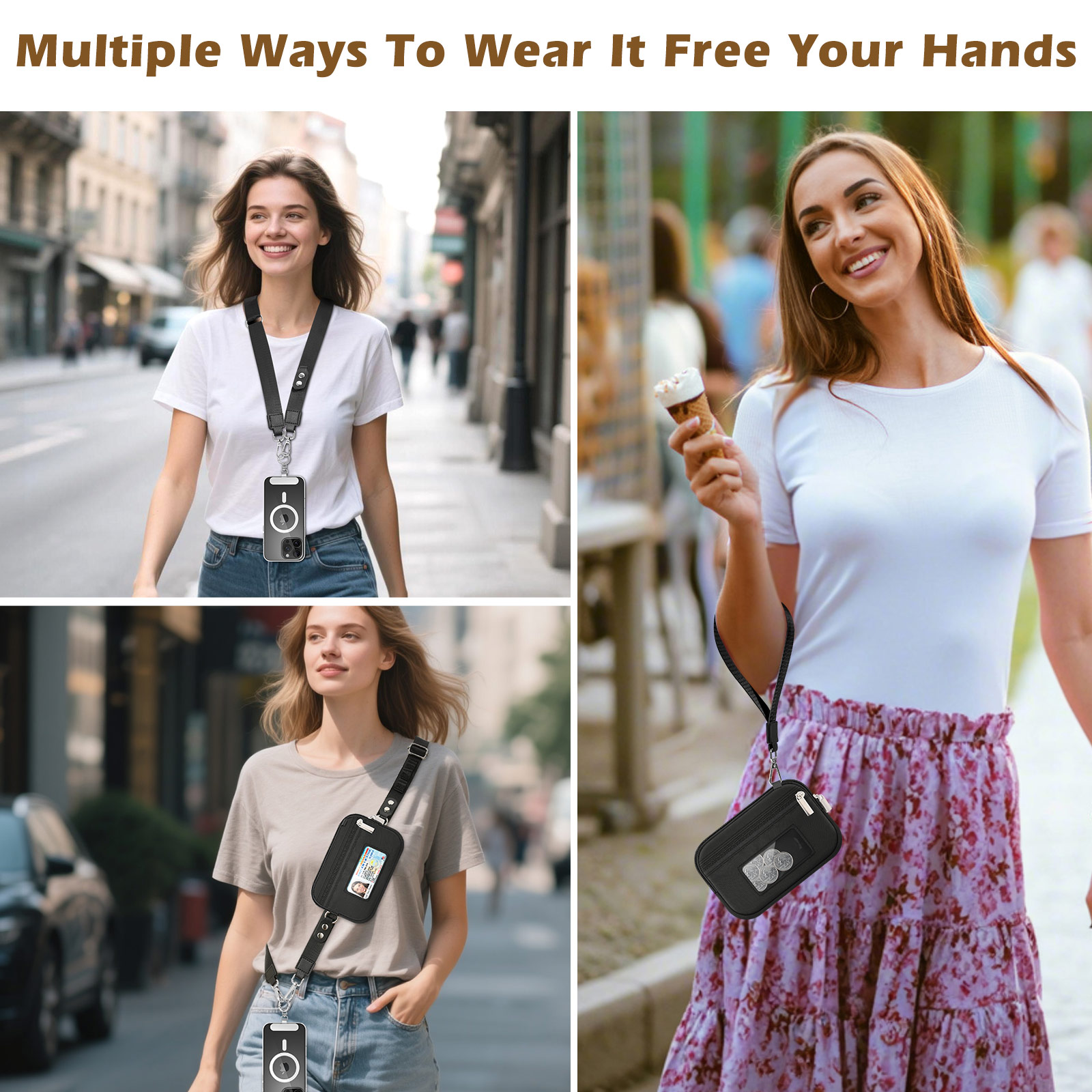 MoKo Phone Crossbody Lanyard with RFID Wallet, Clip and Go Strap Crossbody Lanyard & Detachable Wallet with ID Window, Adjustable iPhone Strap with 360° Rotatable Phone Tabs, Black