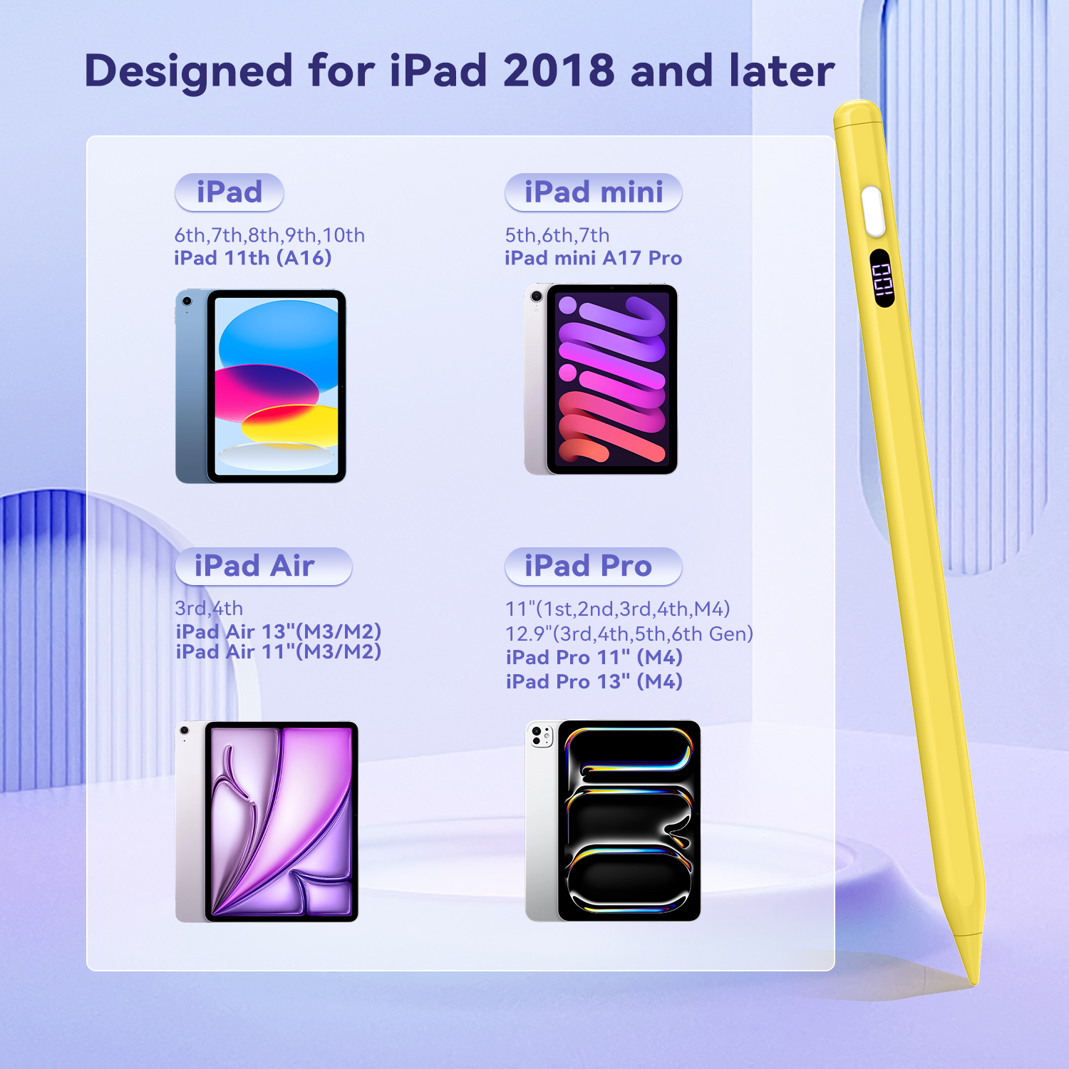 TiMOVO iPad Pencil with Power Display, Stylus Pen for 2018-2025 Apple iPad (A16)11/10/9/8/7/6 Gen, Air M3/M2 11"/13"/5/4/3, Mini 7/6/5, Pro M4 13"/12.9"/11", Yellow