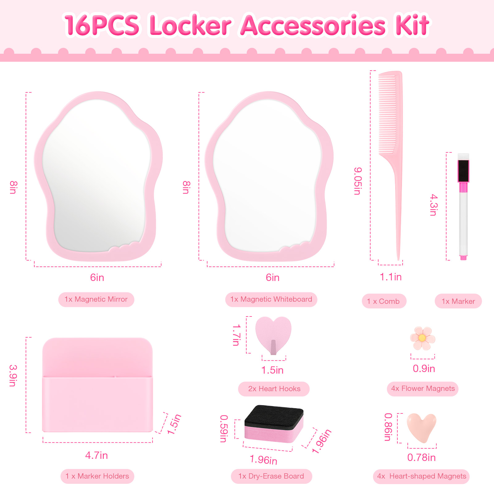 MoKo Locker Accessories Kit, 16Pcs Cute Locker Decor Accessories Set Includes Magnetic Locker Mirror, Whiteboard, Hooks, Magnets, Pen, Comb and Eraser, Office, Pink