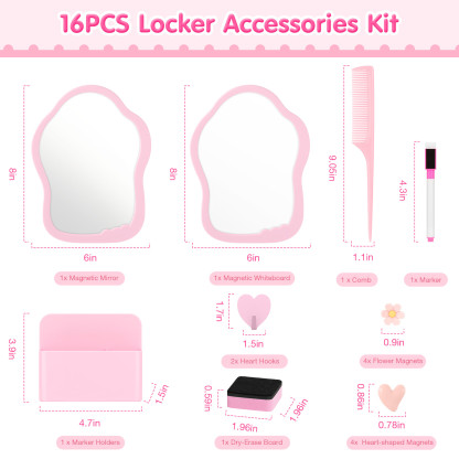 MoKo Locker Accessories Kit, 16Pcs Cute Locker Decor Accessories Set Includes Magnetic Locker Mirror, Whiteboard, Hooks, Magnets, Pen, Comb and Eraser, Office, Pink