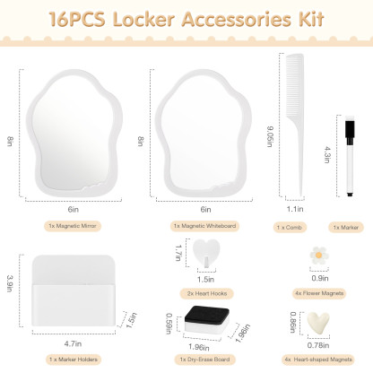 MoKo Locker Accessories Kit, 16Pcs Cute Locker Decor Accessories Set Includes Magnetic Locker Mirror, Whiteboard, Hooks, Magnets, Pen, Comb and Eraser, Supplies, Office, White