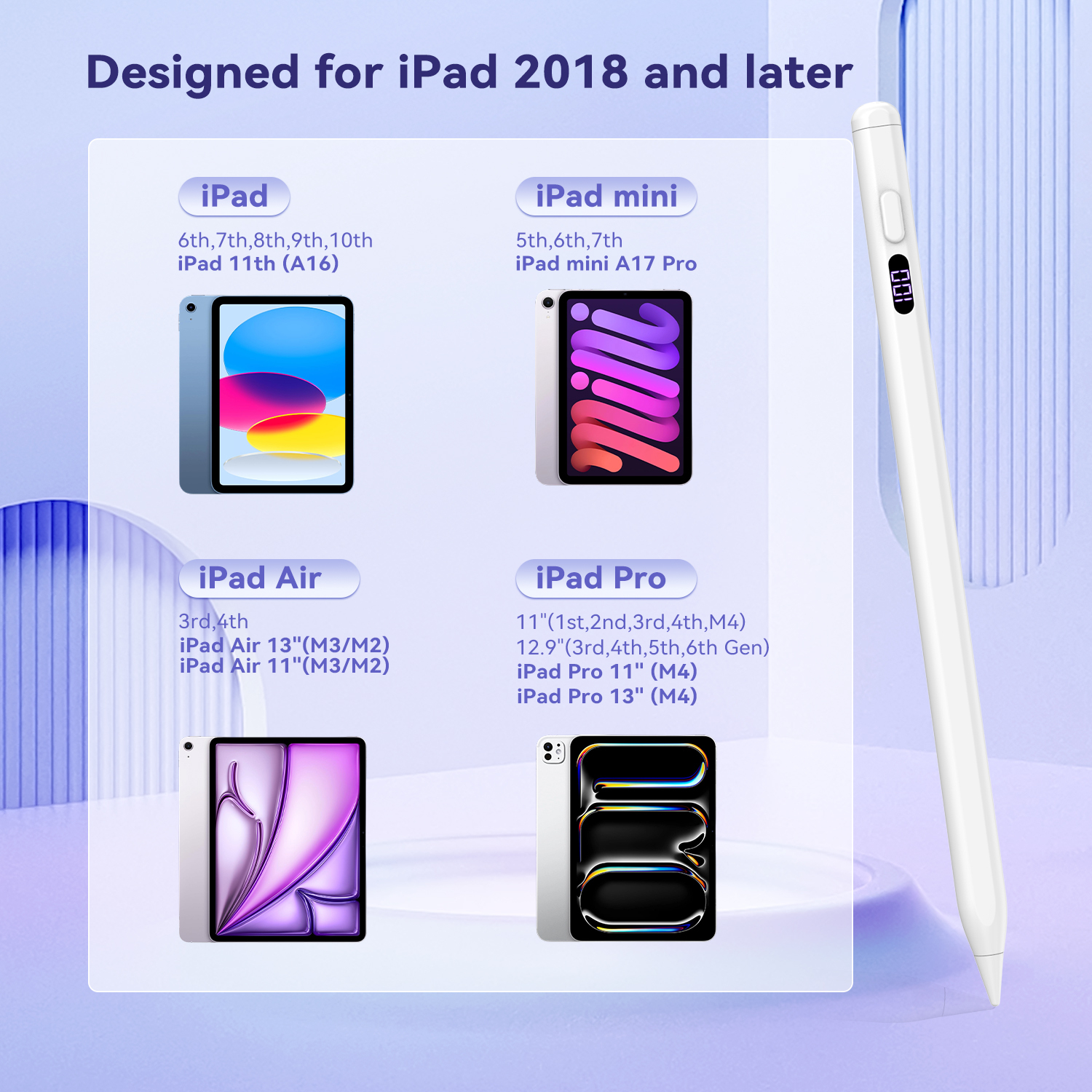 TIMOVO iPad Pencil for (A16) 11th Gen with Power Display, Stylus Pen for 2018-2025 Apple iPad 10/9/8/7/6, Air M3/M2 11"/13"/5/4/3, Mini 7/6/5, Pro M4 13"/12.9"/11", White