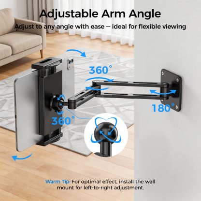 MoKo Tablet Wall Mount Holder for 4.7-14" Phones and Tablets, Extendable Foldable Ipad Holder, 360° Adjustable Wall Mount for Kitchen, Gym, Office, Classroom, Black