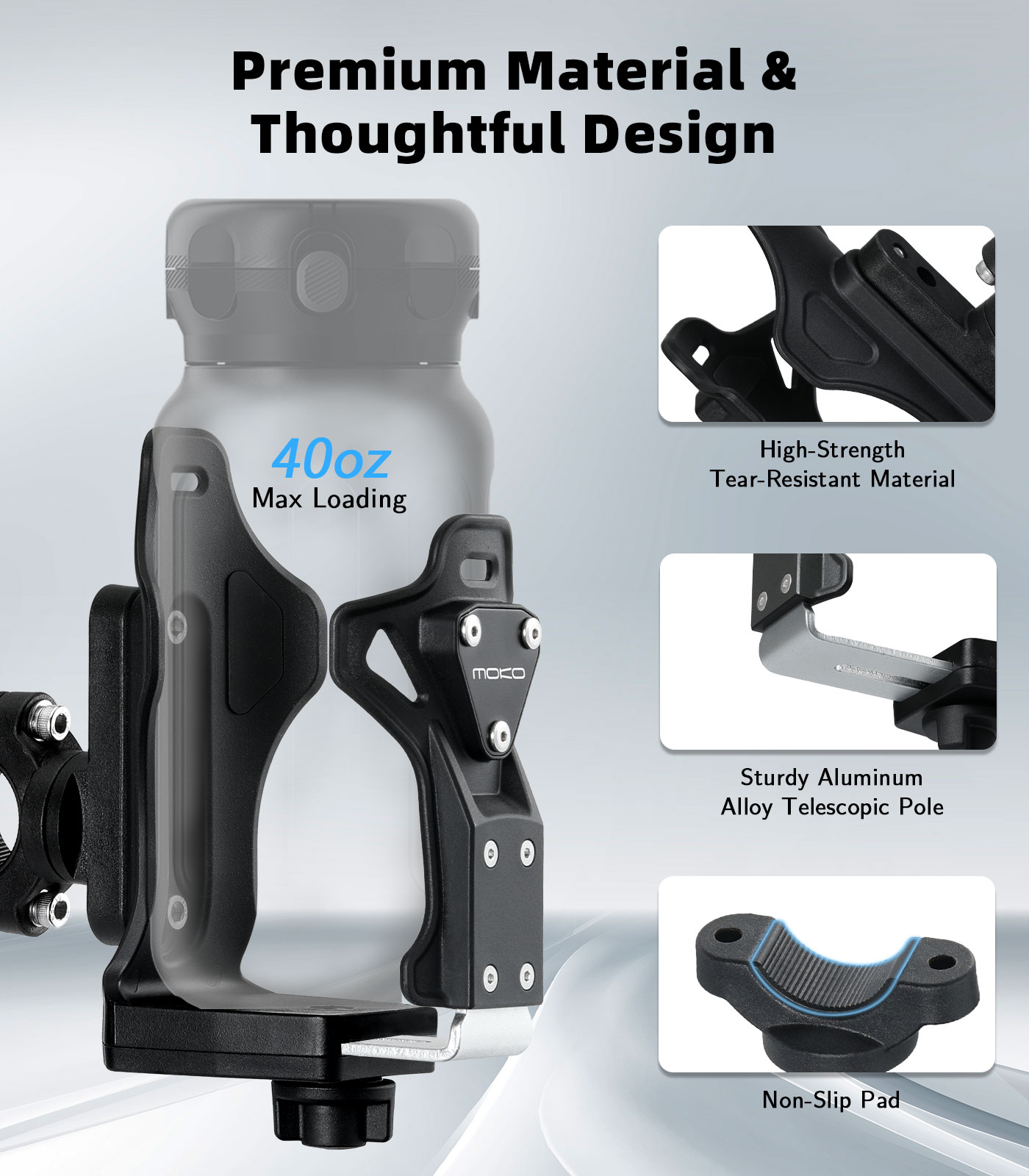  MoKo Universal Bike Water Bottle Cage Holder for for 1.9-3.6" Diameter Bottle, Handlebar & Frame, Fits Bicycle, Motorcycle, Stroller, Scooter, Wheelchair & ATV