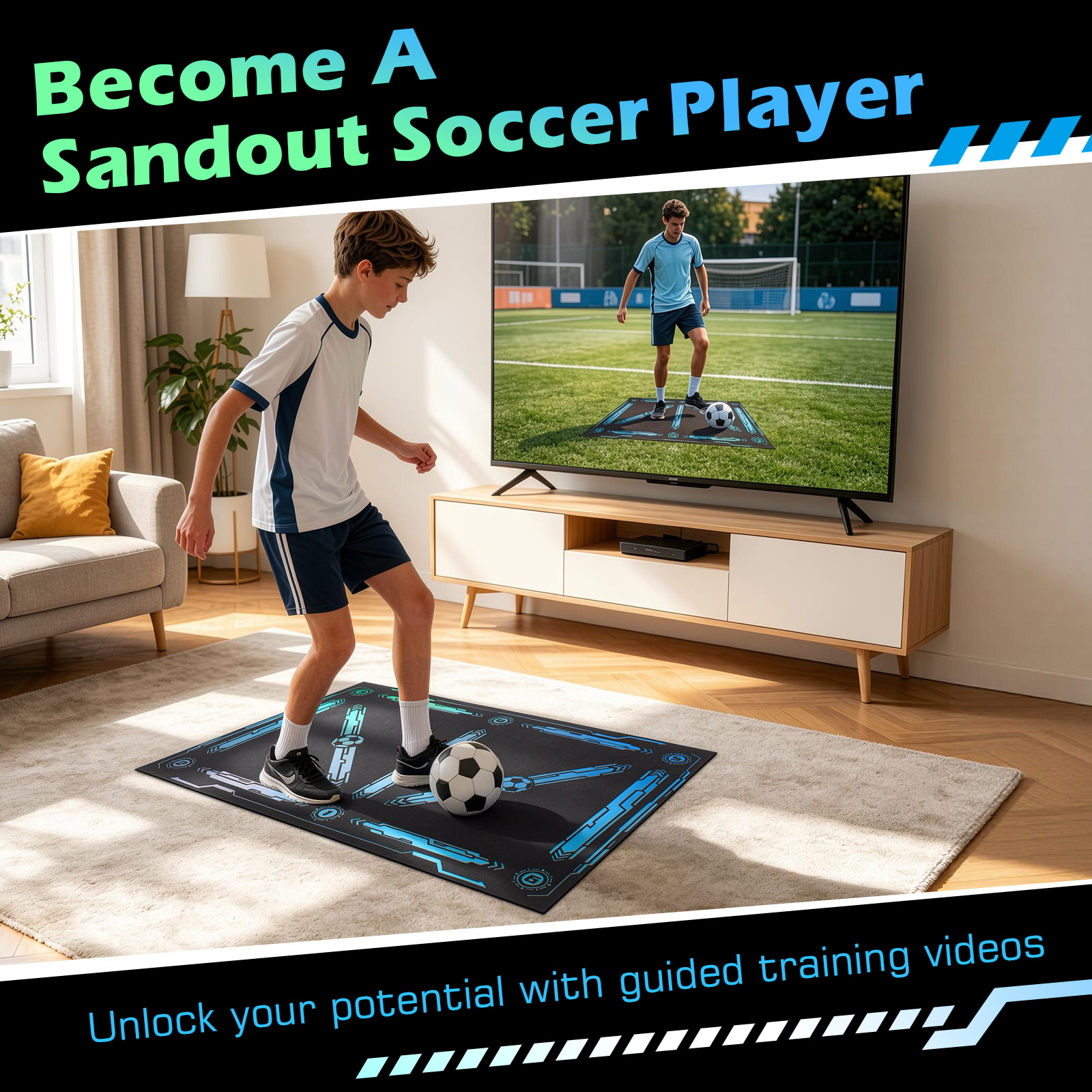 MoKo 35"x24" Soccer Training Mat with Video, Soccer Training Equipment for Kids Improve Agility & Coordination, Non-Slip Socks & Storage Bag, Portable Soccer Trainer Kit Gift for Players, Black