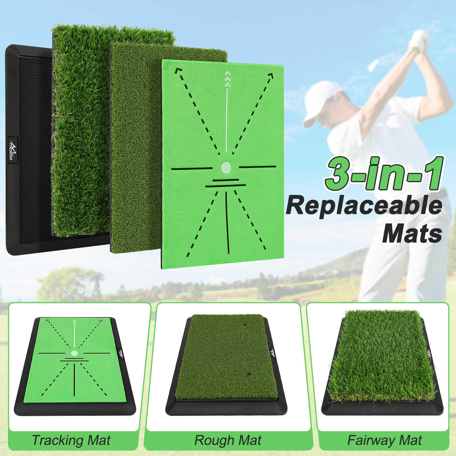 MoKo Golf Hitting Mat, 3 in 1 Golf Practice Mat for Swing Path Feedback Includes Fairway, Rough & Putting Pad Training Mats on No-Slip Rubber Base, Golfer Gifts for Men Women