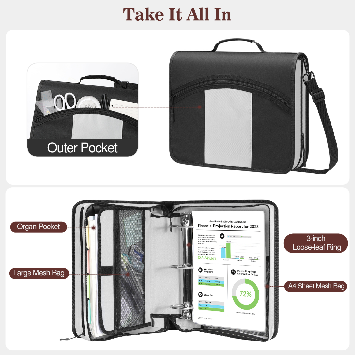 MoKo Zipper Binder, 3 in 3 Ring 600 Sheet Capacity Binder Organizer with Shoulder Strap, Black