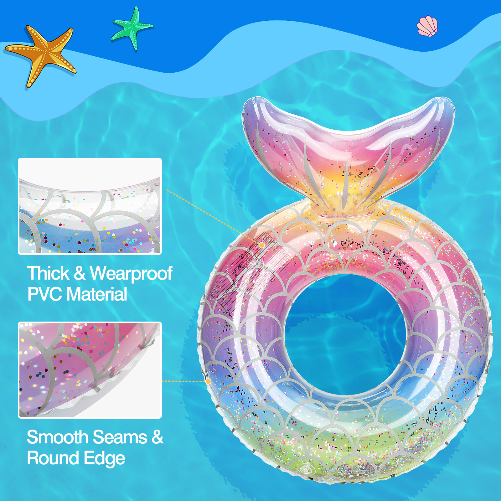MoKo Mermaid Pool Floats for Kids & Adults, Inflatable Swimming Ring Summer Toy, Rainbow